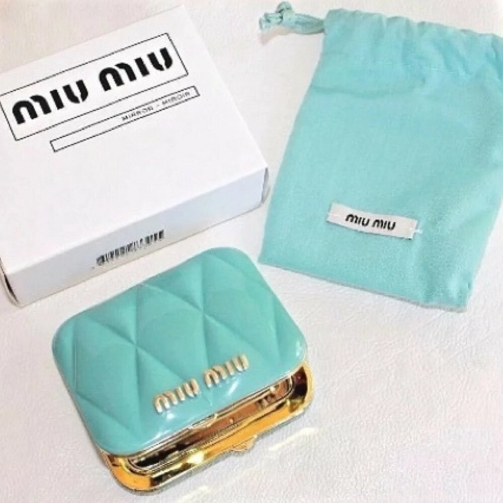 ✨Authentic MIU MIU Prada Teal Blue Quilted Compact Makeup Mirror +Pouch Gift NEW